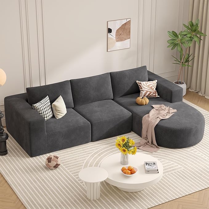 Modular Sectional Sofa with L-Shape Chaise,Cloud Sectional Modern Sleeper Couch with Deep Seat,Sponge Compression Sofas No Assembly Required(Dark Gray-Corduroy Fabric) 1PCS