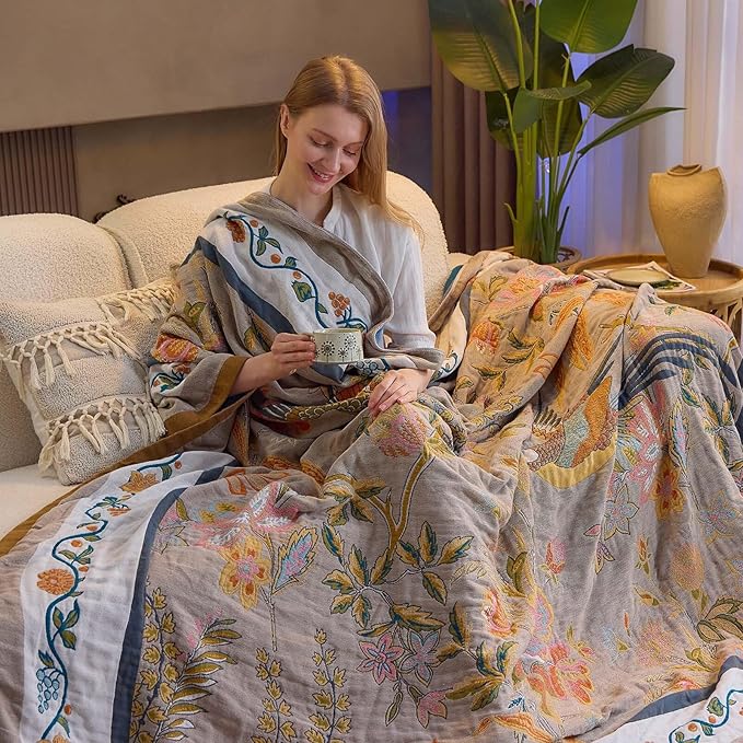 Boho Blanket, 100% Cotton Farmhouse Decorative Throw Blanket, 60"x80" Reversible Bohemian Throw Blanket, Brown All Season Muslin Breathable Woven Blankets Quilt