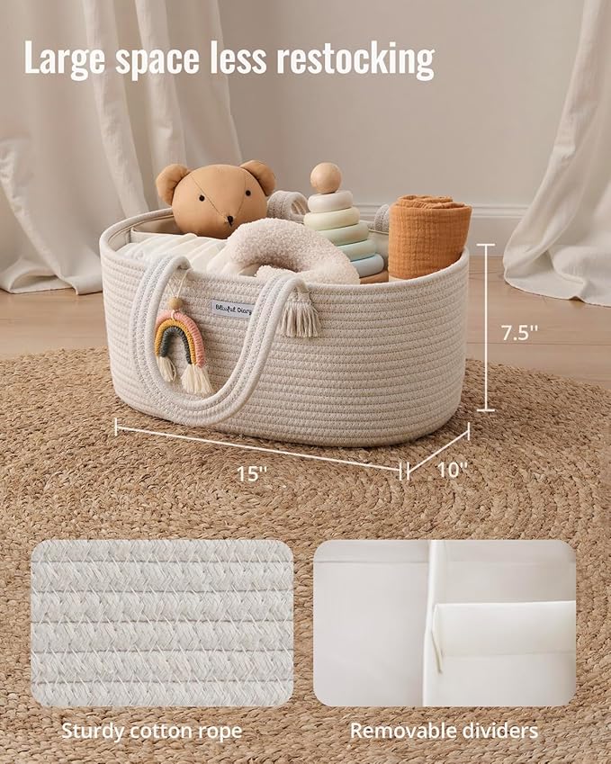 Blissful Diary Baby Diaper Caddy Organizer, Cotton Rope Diaper Caddy Basket, Oval Storage Basket, Gift for Baby Shower, Newborn Essentials, Beige