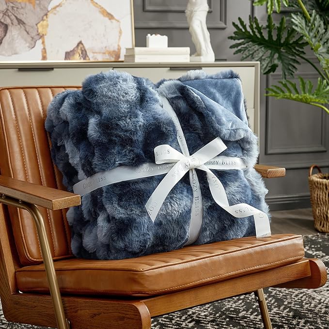 Cozy Bliss Faux Fur Throw Blanket for Couch, Fuzzy Soft Plush Thick Bubble Blanket for Sofa Bedroom Living Room, 90 * 90 Inches Tie Dye Blue