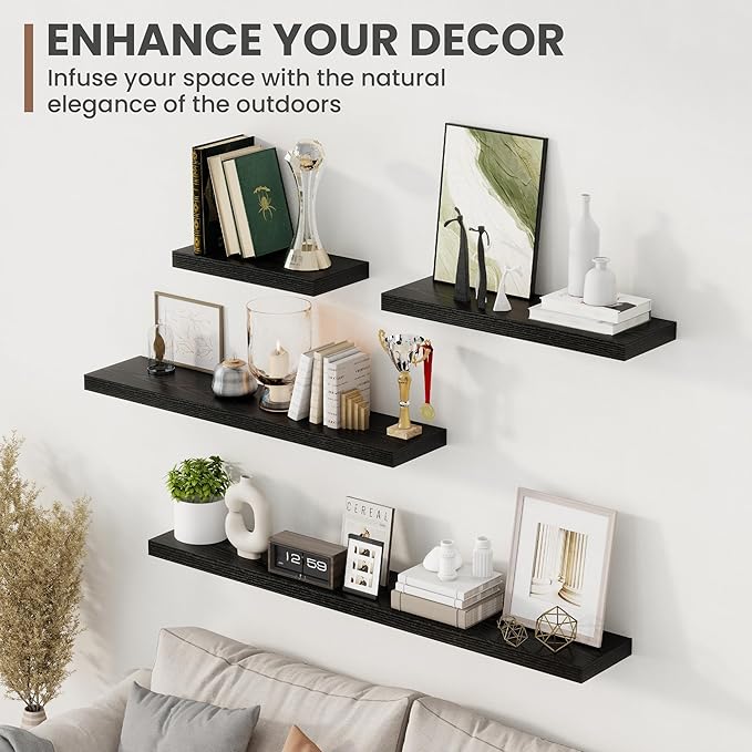 40 Inch Floating Shelves, 8 Inch Deep Floating Shelves for Wall, Hanging Shelf with Invisible Brackets, Deep Shelves for Bathroom, Bedroom, Living Room, Black, Set of 2