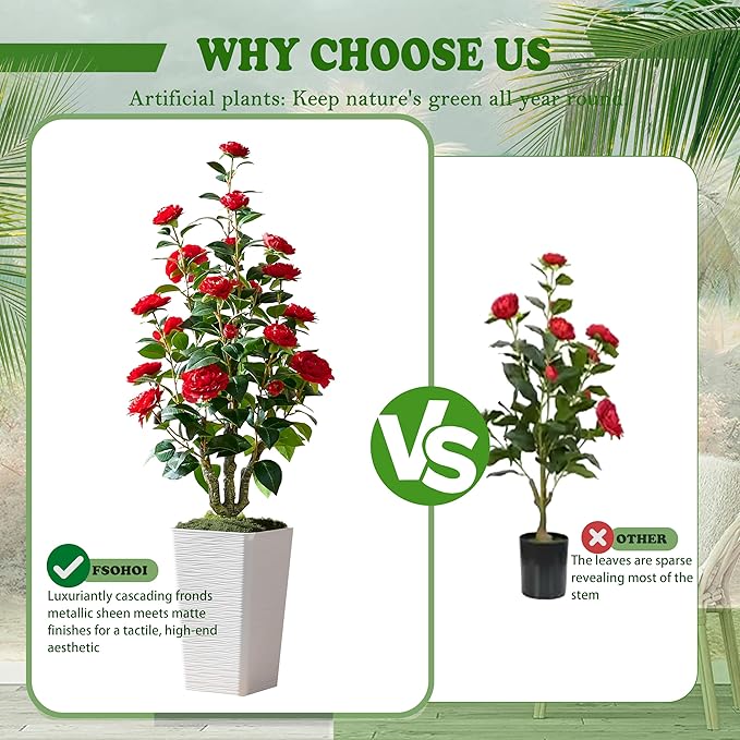 Artificial Camellia Tree 4FT Faux Trees Indoor Fake Floral Plant Blooming Tree with Red Flowers & White Tall Planter, Faux Camellia Plants for Porch Home Room Bedroom Office Front Door Outdoor Decor
