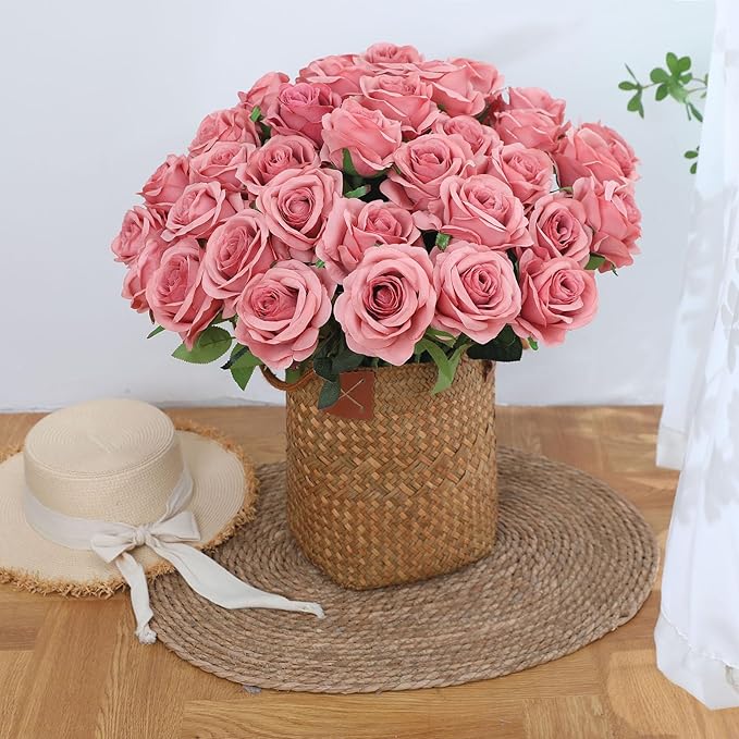 Pink Fake Roses Artificial Flowers - 10 Pcs Fake Artificial Roses Silk Flowers with Stems for Home Wedding Hotel Office Centerpiece Decor（Dusty Pink）