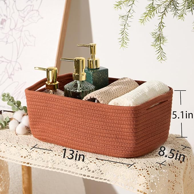 Small Storage Baskets for Organizing | Closet Organizer Bins | Shelf Toy Basket | Woven Rope Baskets | Cube Decorative Box | Shallow Basket | 13x8.5x5.1” | 3 Packs Oxide Red
