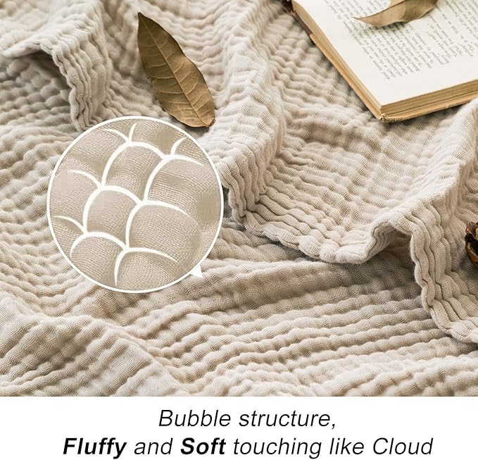 EMME Cotton Throw Blanket for Couch Soft Muslin Blankets 50"x60" Lightweight Breathable Blanket All Season Gauze Blanket, Light Tan