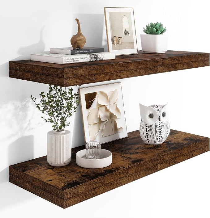 Heimlove 12" Deep Floating Shelves, 36 x 12 Inch Wall Mounted Long Floating Shelf with Invisible Brackets, for Home Decor, Bedroom, Kitchen, Living Room, Bathroom - 2 Pack, Rustic Brown
