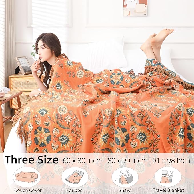 Boho Throw Blanket for Bed - 100% Pure Cotton Ultra Soft Rustic Quilt - Farmhouse Decor Bed Blankets, All Season Rustic Throw for Sofa Couch Chair(60"×80", Boho)