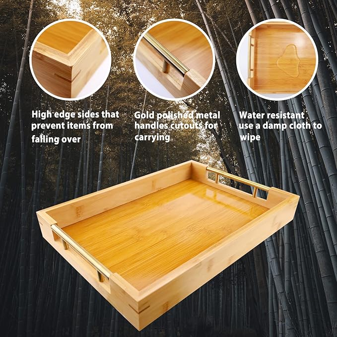 Bamboo Wood Serving Tray with Gold Polished Metal Handles, Decorative Tray Platter Coffee Table Tray Rectangular Wooden Breakfast Tray for Ottoman, Kitchen, Bedroom, Lap &Couch - 15x10.4 Inch