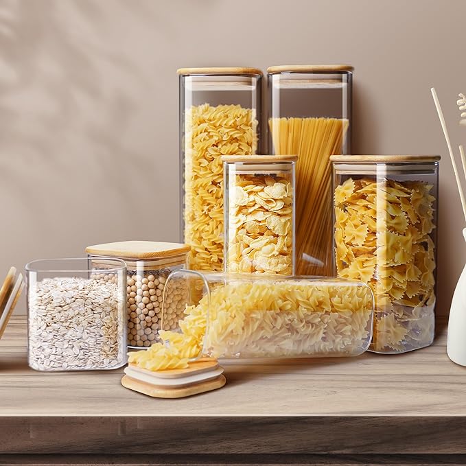 Square Glass Jars with Bamboo Lids 30 FL OZ [Set of 6], Glass Canisters with Airtight Lid, Glass Food Storage Container for Pasta, Flour, Sugar, Rice, Best for Kitchen & Pantry