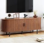 TV Stand with Power Outlet, Mid-Century Modern Television Stand, Media Console with Sliding Doors, Entertainment Center for TVs up to 60 Inch, Adjustable Shelves, Walnut