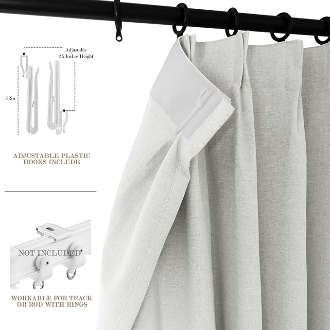 Extra Wide 100% Blackout Linen Textured Curtains - Room Dividers, W150 x L108 (1 Panel), Pinch Pleat Drapes for Living Room, Full Light Block Out Drapery for Sliding Door, Greyish White