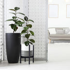 D'vine Dev Ceramic Planter with Ebony Stand - 10 Inch Modern Round Flower Pot with Wood Planter Holder, White/Grey, 55-B-L-6