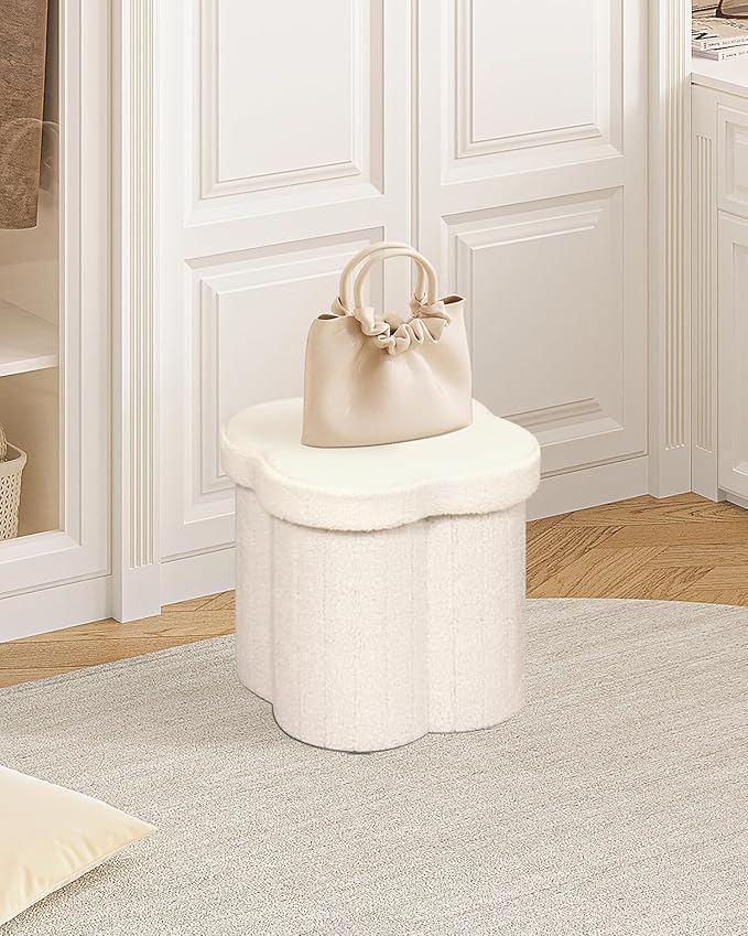 B FSOBEIIALEO Storage Ottoman Cube, Flowers Shaped Ottomans with Storage Foot Stool Footrest for Lving Room, Boucle Ottoman Seat for Dorm Room,Faux Teddy Fur, Cream White 12.6"x12.6"x12.6"