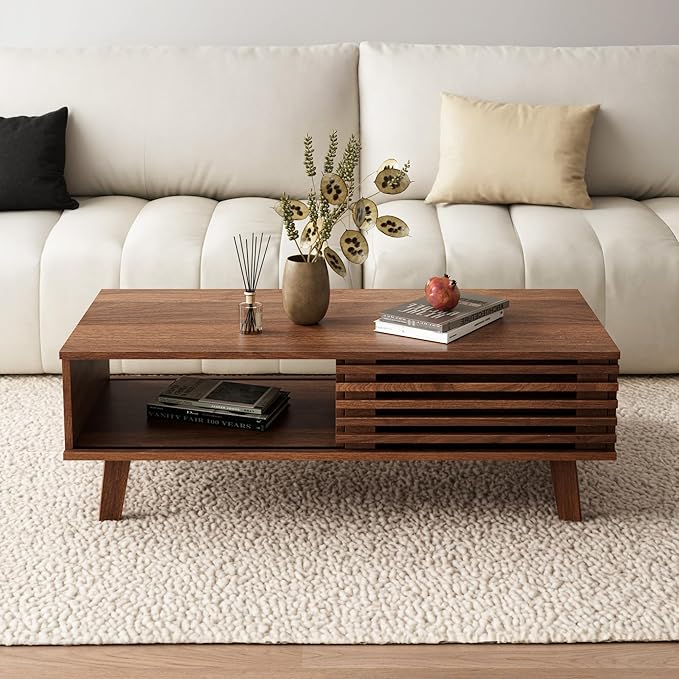 Mid Century Coffee Table with Storage & Sliding Fence Door, Modern Coffee Tables for Living Room, Walnut Finish