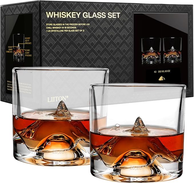 K2 Nepalese Heavy Crystal Whiskey Glasses Gift Set of 2, Thick Freezable Bourbon Glass 1lb Each, Premium Whiskey Gifts for Men, Frozen Crystal Chills Cocktails, 10 oz
