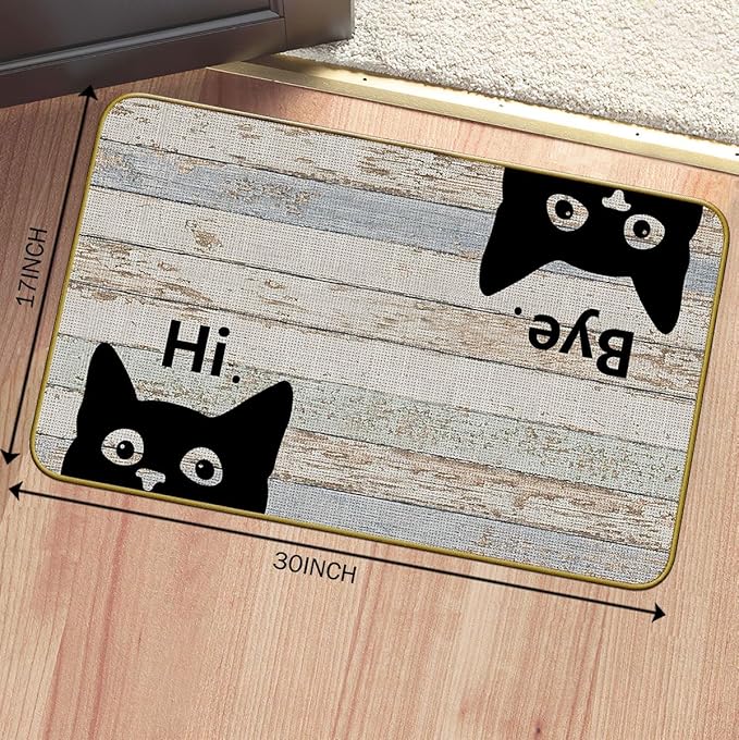 Mingnei Hi Bye Cat Welcome Doormat - Door Mat for Home Kitchen Entrance, Funny Black Cat Lover Floor Mat for Indoor/Outdoor Entryway Rug 30x17 (Grey)