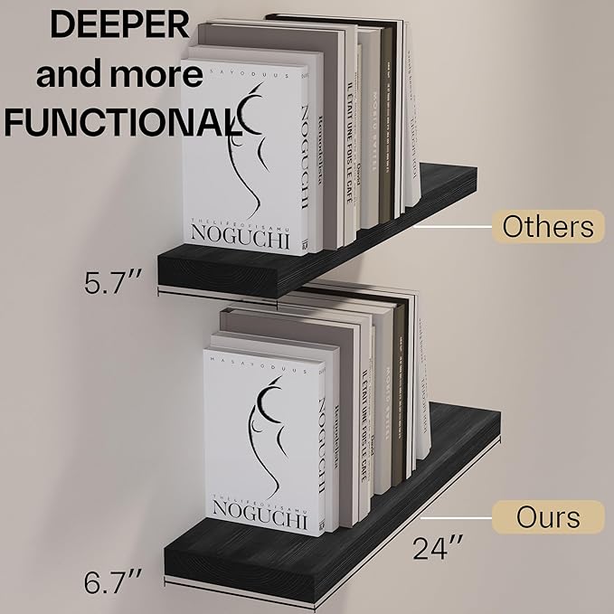 BGMG Wood Floating Shelves 24 inch, Wide Rustic Wooden Wall Shelves for Bathroom Living Room Bedroom Kitchen Farmhouse Set of 2-24x 6.7 x1.25 inch- Black