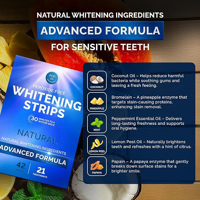 Whitening Strips for Sensitive Teeth 21 Treatments, Mint – Enamel Safe, Peroxide-Free Coconut Teeth Whitening Strips with Natural Enzymes – Gentle White Stips for Sensitive Gums & Daily Oral Care