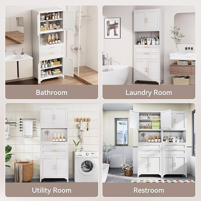 75” Tall Kitchen Pantry Storage Cabinet, Metal Bathroom Storage Cabinet with 2 Drawers and Adjustable Shelves, Kitchen Pantry Cupboard, Freestanding Cupboard for Bathroom, Living Room (White)