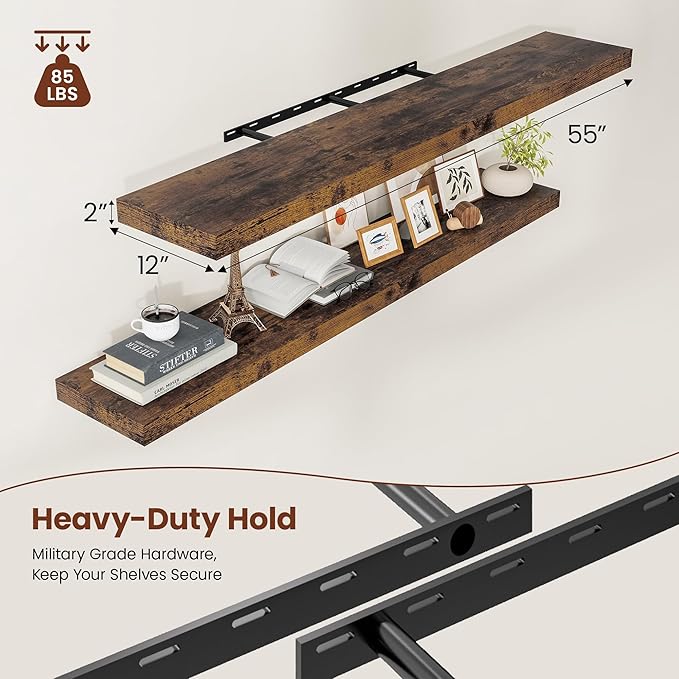 12" Deep Floating Shelves for Wall 55 Inches Long, Heavy Duty Wall Shelves for Bedroom Bathroom Kitchen Laundry Room, Farmhouse Rustic Shelves for Home Decor, 55" X 12" X 2" Set Of 2, Rustic Brown