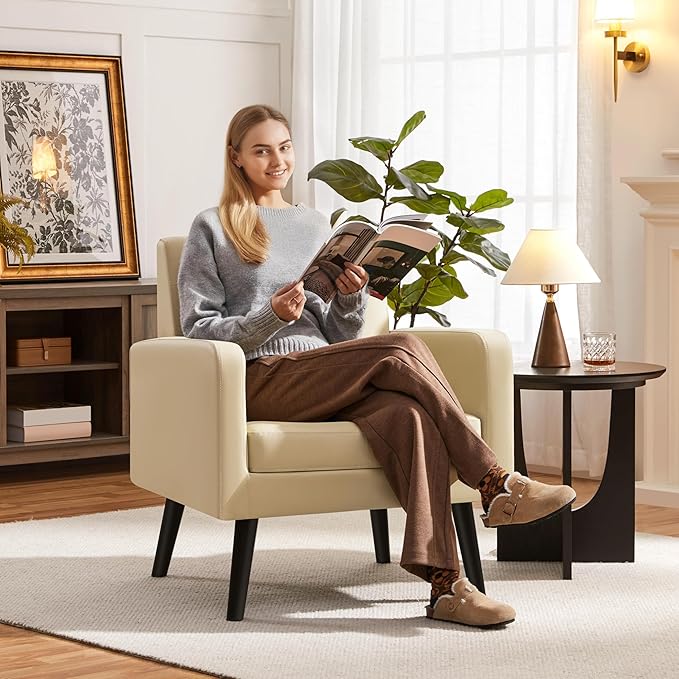 Yaheetech Mid-Century Accent Chairs, PU Leather Modern Upholstered Living Room Chair, Cozy Armchair Button Tufted Back and Wood Legs for Bedroom/Office/Cafe Beige
