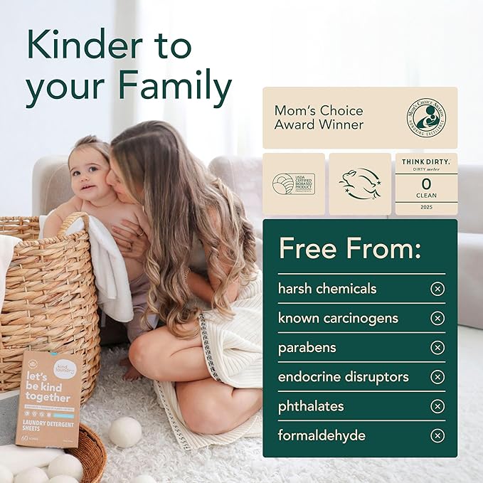Kind Laundry Detergent Sheets with Stain-Fighting Enzymes - Plant Powered Eco-Friendly Laundry Soap Sheets - Home or Travel Laundry Detergent Fragrance Free, 32 Loads (Mom's Choice Award Winner)