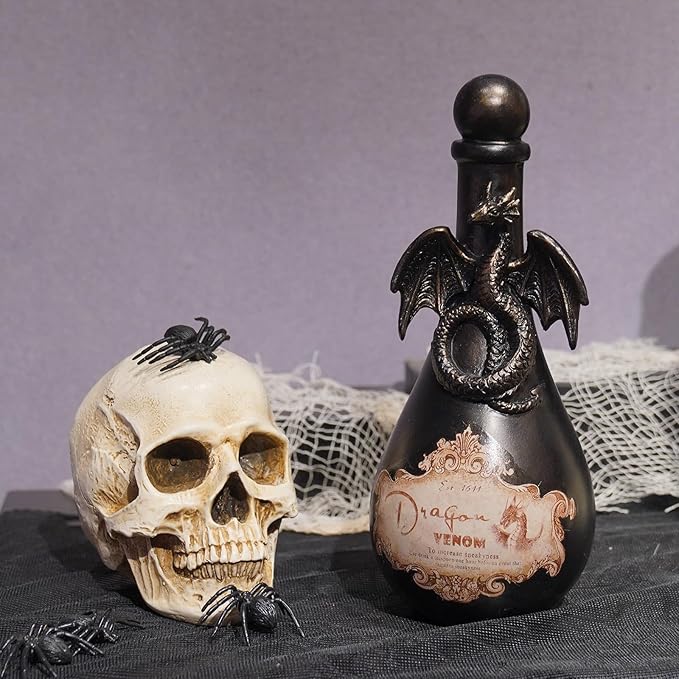 Braxio Halloween Home Decor Potion Bottles - Resin Black Bad Dragon Halloween Potion Bottles Gothic Decor Decorative Bottles Room Decor Aesthetic for Day of The Dead 4.25 * 4.25 * 9.5 Inch