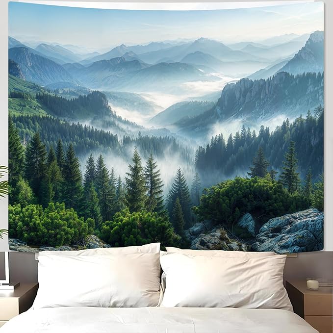 AMM Nature Forest Mountain Tapestry Green Misty Pine Tree Tapestry for Bedroom Aesthetic Foggy Woodlands Sky Landscape Tapestries Wall Hanging for Living Room Dorm 60 x 44 Inch