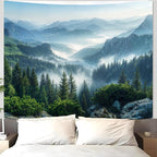 AMM Nature Forest Mountain Tapestry Green Misty Pine Tree Tapestry for Bedroom Aesthetic Foggy Woodlands Sky Landscape Tapestries Wall Hanging for Living Room Dorm 90 x 68 Inch