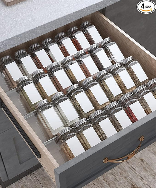 Antimbee Spice Drawer Organizer, 4 Tier- 4 Pack Acrylic Spice Rack Tray for Drawer, Expandable From 13" to 26" Kitchen Spice Rack Tray for Countertop Holds up 28 Spice Jars (Jars not Include)