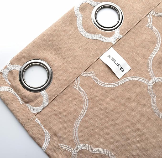 MIUCO Moroccan Embroidered Semi Sheer Curtains Faux Linen Wide Width Grommet Curtains for Bedroom 52 x 63 Inch 2 Panels, Taupe