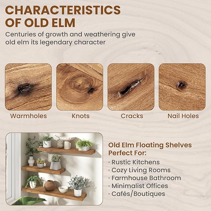 36 Inch Floating Shelves for Wall, Rustic Elm Wood Shelf for Home Decor, Heavy-Duty Wooden Floating Shelves for Kitchen, Wall Mounted Storage Shelves for Bathtoom, Living Room, Natural Color, Set of 2