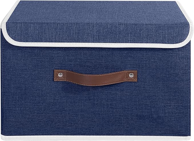 ANMINY Storage Bin with Lid Storage Boxes with PU Leather Handles PP Plastic Board Decorative Foldable Lidded Cotton Linen Fabric Home Cubes Baskets Closet Organizer Container - Blue, Large Size