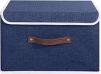 ANMINY Storage Bin with Lid Storage Boxes with PU Leather Handles PP Plastic Board Decorative Foldable Lidded Cotton Linen Fabric Home Cubes Baskets Closet Organizer Container - Blue, Large Size