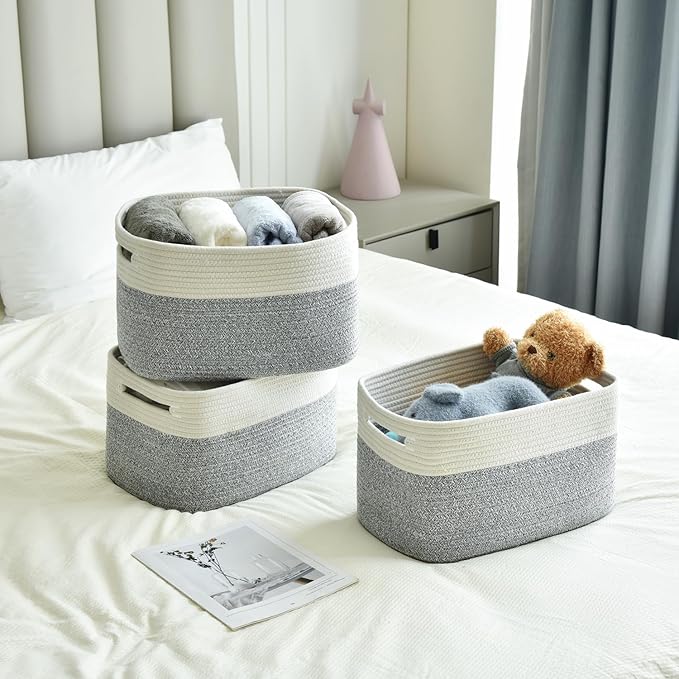 Woven Storage Baskets - Cotton Rope Organizers for Books, Towels, Toys or Bins - 3 Pack, Grey