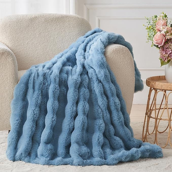 Lotus Karen Faux Fur Throw Blanket Sky Blue - Big Bubble Rabbit Fluff Blanket for Couch Bed Sofa,Softest Fluffy Fuzzy Cozy Blanket,Thick Furry Plush Shaggy Warm Blankets for Women,60x80 Inches