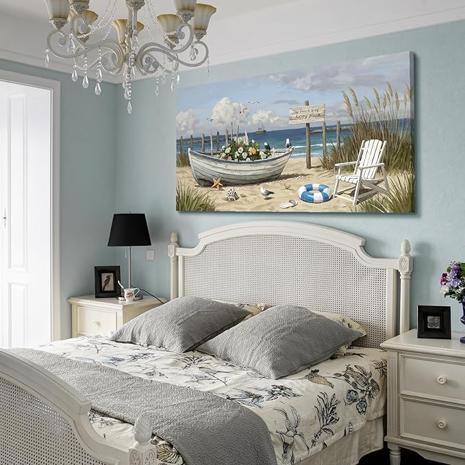 amatop Oversized Coastal Canvas Wall Art – Nautical Seaside Landscape Floral Boat on Sandy Beach Ocean Seabirds Horizontal Decor Large Wildflower Nature Artwork for Living Room Bedroom Office 58×29 Inch