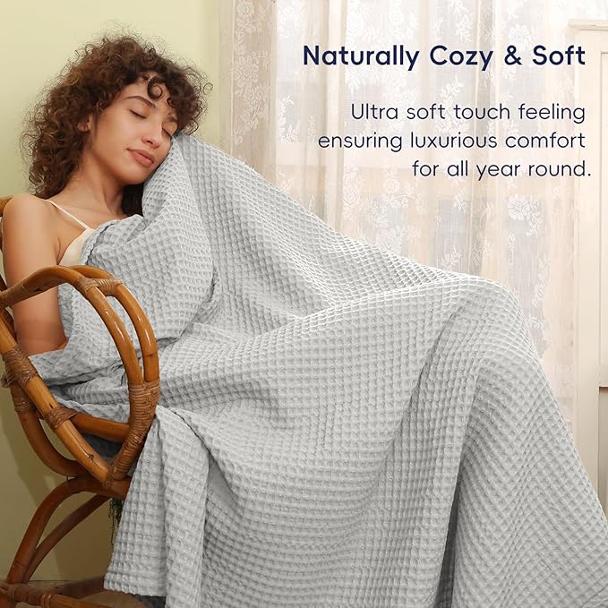 PHF Ultra Soft Waffle Weave Throw Blanket 50"x 60"- Washed Lightweight Breathable Cozy Woven Blanket for Bed - Aesthetic Decor for Couch Bedding Sofa Home Car - Light Grey