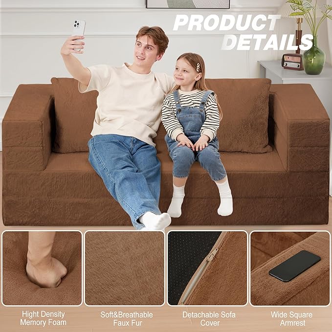 Folding Bean Bag Chair for Adults,3-in-1 Bean Bag Couch Faux Fur Floor Sofa Large Beanbag Convertible Bean Bag Sofa Bed with Pillow in Bedroom,Living Room,Apartment(Queen,Caramel)