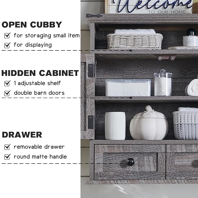 Bathroom Wall Cabinet, Farmhouse Medicine Cabinet, 24" Wide Cabinet with Drawer, Adjustable Shelf, Double Barn Doors, Storage Cabinet for Bathroom, Kitchen, Living Room, Grey Wash