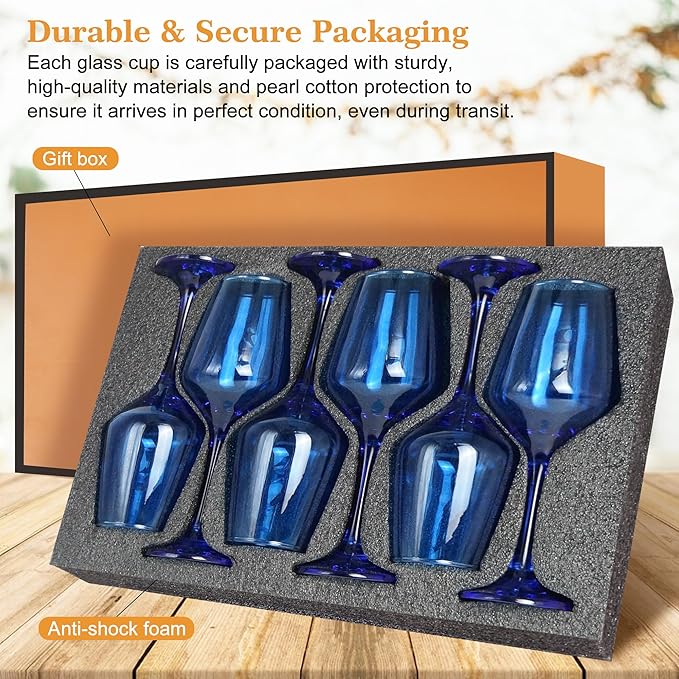 Blue Wine Glasses Set of 6-14oz Blue Long Stem Wine Glass, Pretty Crystal Glassware, Hand Blown Goblets Drinkware, Unique Stemware Wine Glass Holiday Gift Set