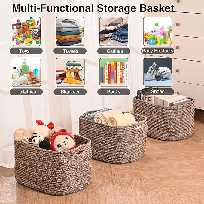 Storage Baskets for Organizing Shelves, Woven Cotton Rope Bins for Baby Nursery Organization, Book Toy Towel Organizer, 15"x11"x9.5", 3 Packs, Dark Brown