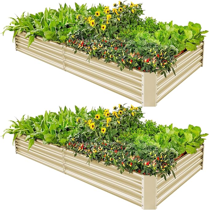 Land Guard 2 Pack 8×4×1ft Galvanized Metal Raised Garden Bed, Metal Planter Kit Box Outdoor for Deep-Rooted Vegetables, Flowers, Green and Herbs (Cream Yellow)