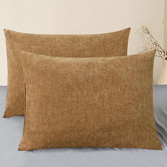 CaliTime Throw Pillow Covers Decorative 20 X 26 Inches Pack of 2 Cozy Chenille Standard Pillow Shams Cases for Couch Sofa Bed Living Room Home Apricot Brown