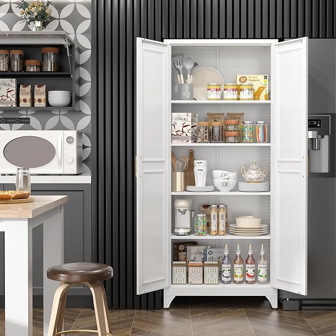 Kitchen Pantry Cabinet,75”White Metal Storage Cabinets with Doors and 4 Adjustable Shelves,Kitchen Cabinet with 2 Gold Handles,Tall Cabinet for Livingroom,Pantry, Bathroom