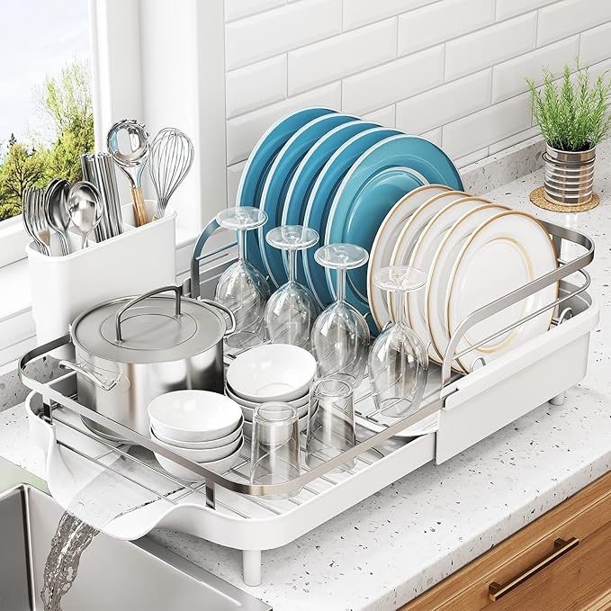 Dish Drying Rack, Expandable Dish Rack for Kitchen Counter, Stainless Steel Dish Drainer with Drainboard Set and Utensil Holder (White)