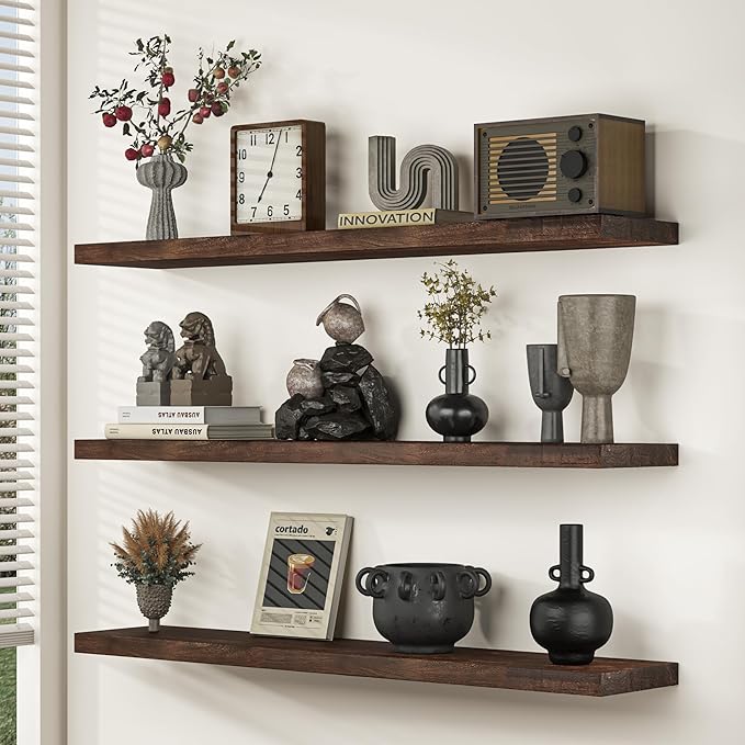 Fun Memories 72 Inch Floating Shelves for Wall, Elm Wood Floating Shelves for Home Décor, Wall-Mounted Display Shelves with Heavy-Duty Bracket, Long Floating Shelf for Kitchen, Living Room, Walnut