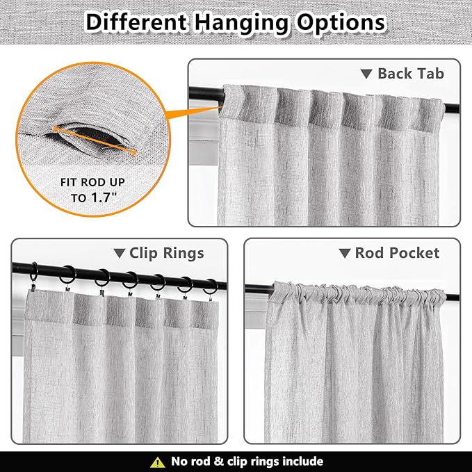 MYSKY HOME Floor Length Curtains Long Panels, Boho Curtains Farmhouse for Living Room Sliding Glass Door, Linen Look Texture Light Filtering, 50" x 95", Light Grey, Pack-2