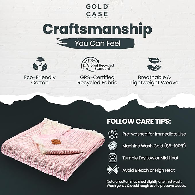 Gold Case Throw Blanket for Couch – 100% Recycled Turkish Cotton Blankets & Throws – Elegant Decorative Throw Blankets for Living Room Sofa – Woven Throws for Couch – Vintage Pink – 60x80