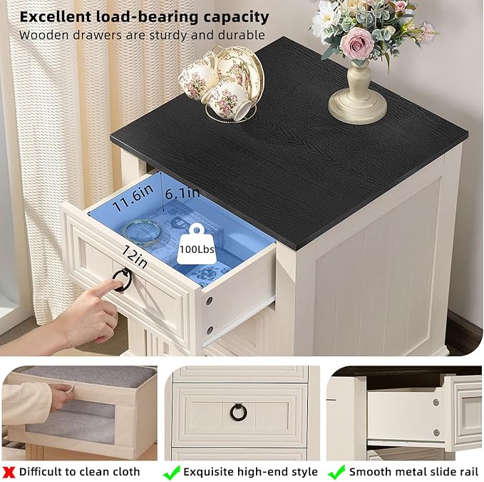 Farmhouse Night Stand Set of 2, 18" End Table with 3 Drawer Metal Handle, Dresser for Bedroom, Sofa Bed Side Table Chest of Drawers,Wood Nightstand Cabinet for Organizer, Living Room-White